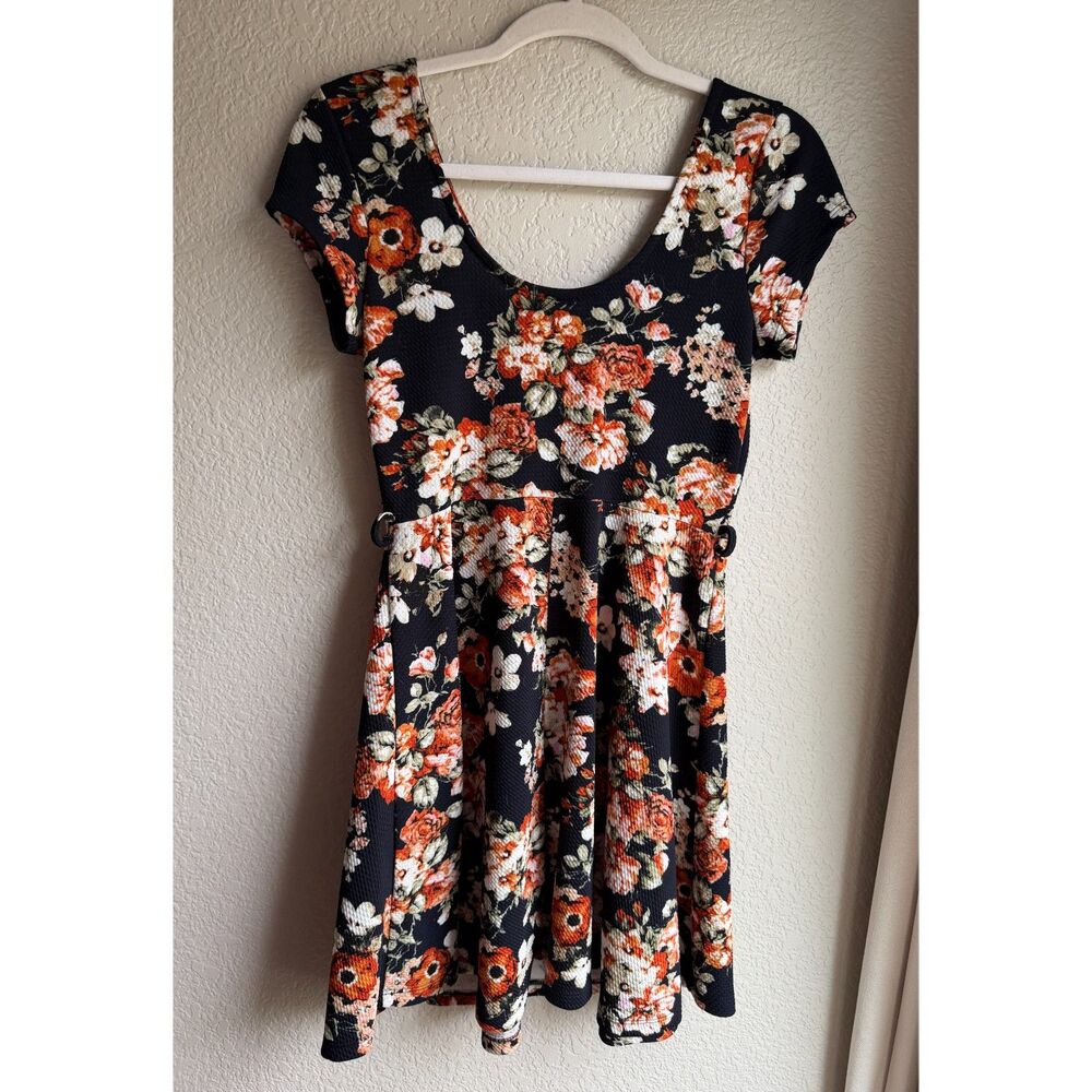 Iris Black Orange Floral Fit Flare Dress Large Short Sleeve Belted Style